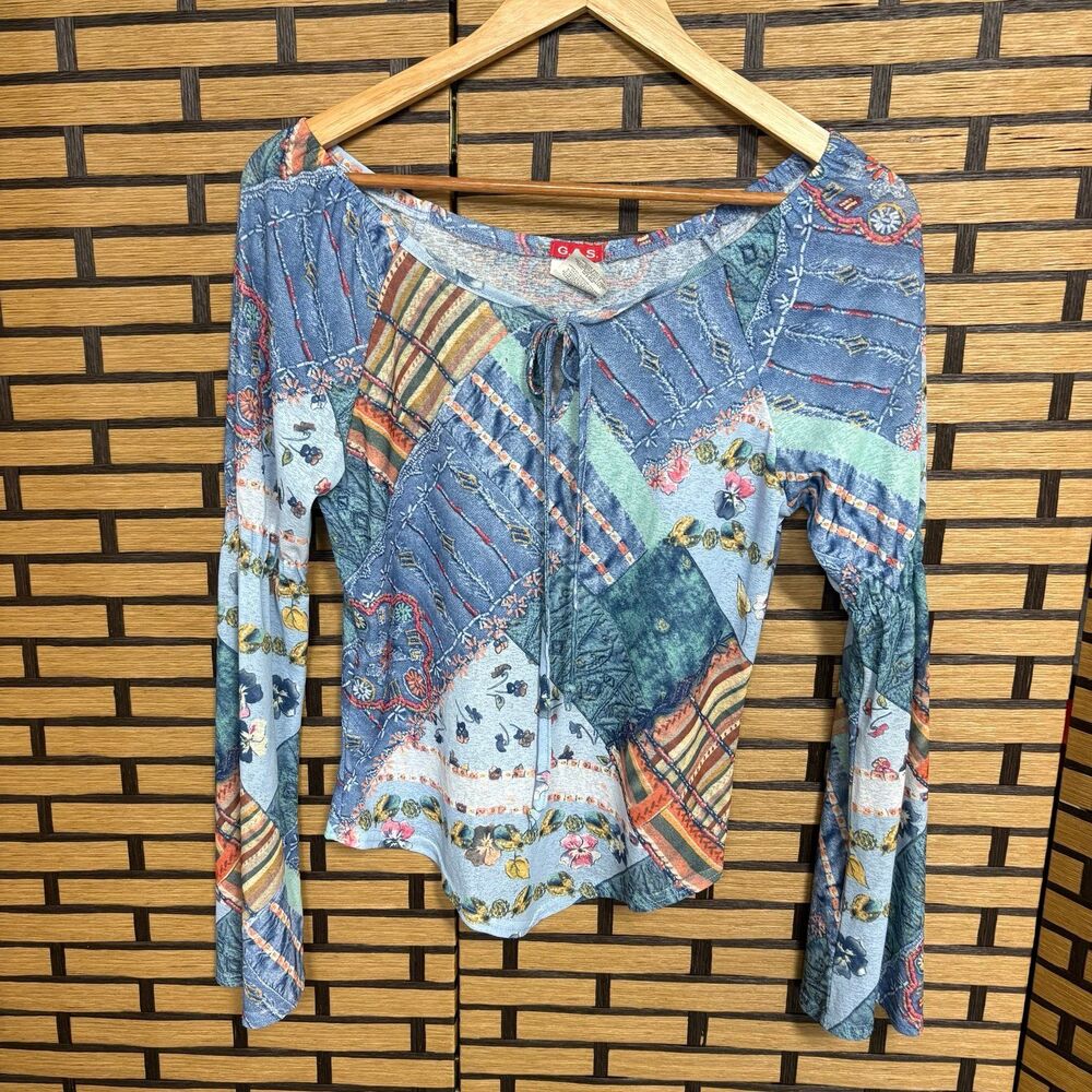 G.A.S.‎ Blue Patchwork Print Blouse Size Large